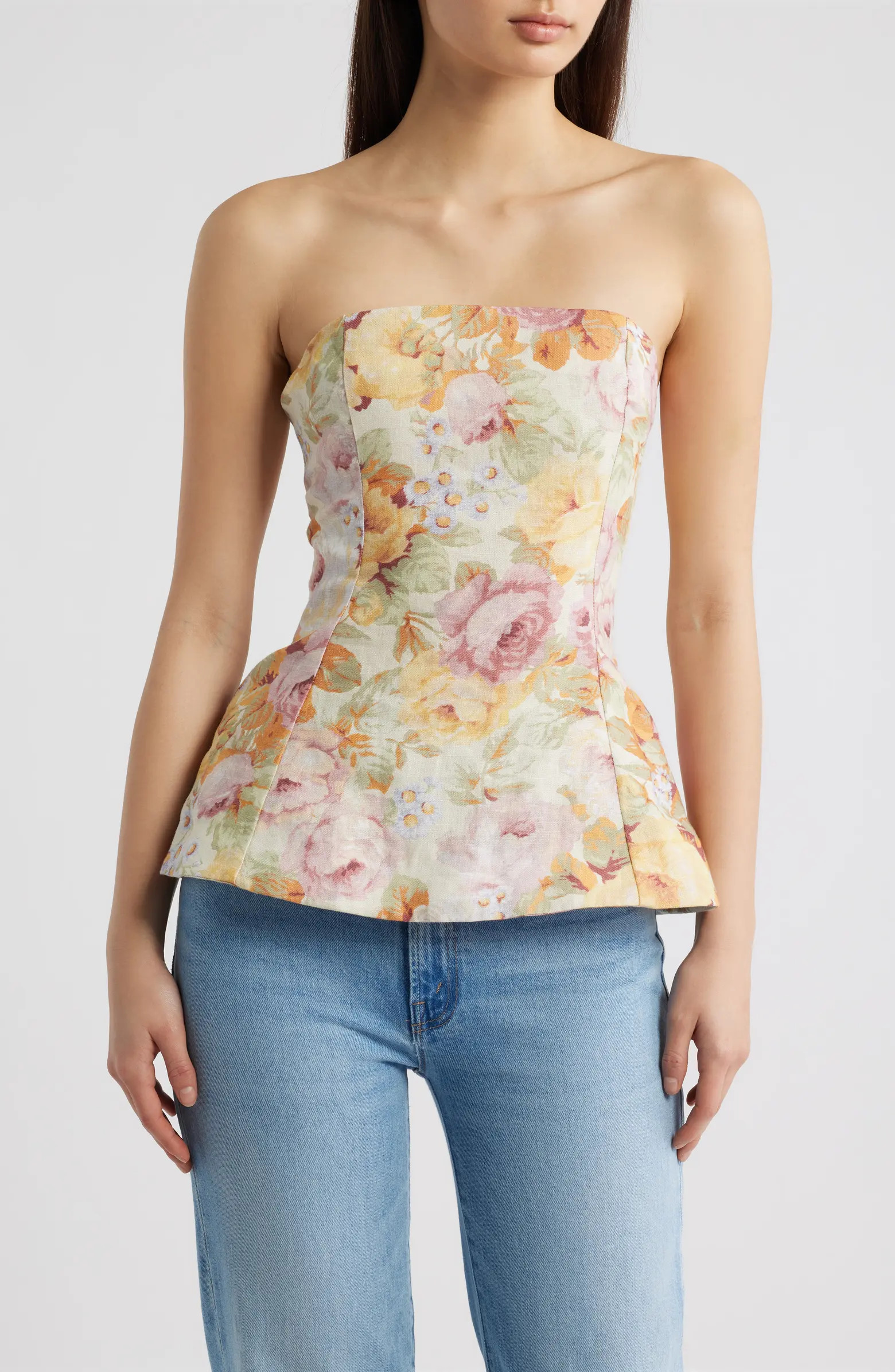 Petro Floral Strapless Linen Peplum Top | Nordstrom