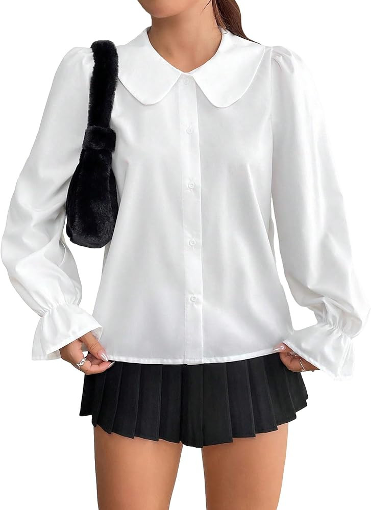 SHENHE Women's Button Down Flounce Long Sleeve Loose Collared Shirt Cute Blouse Top | Amazon (US)