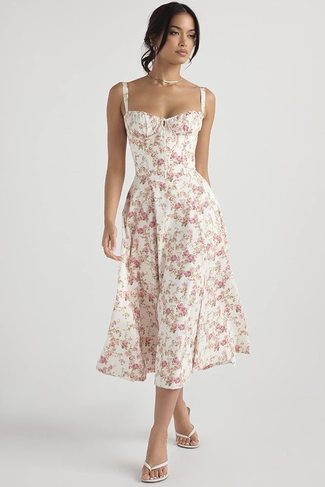 Floral Bustier Midriff Waist Shaper Dress, Print Bustier Sundress Sundresses for Women Slit Long ... | Amazon (US)