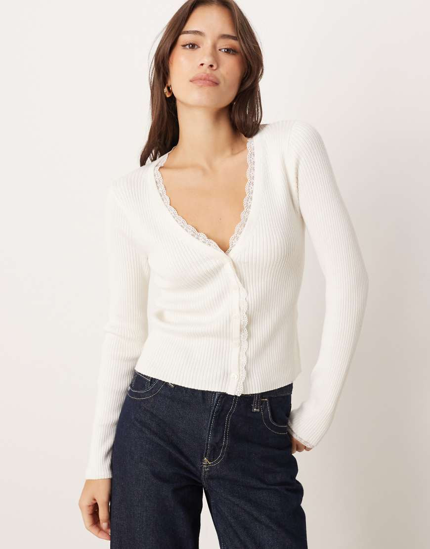 Abercrombie & Fitch lace panel detail ribbed cardigan in cream-Neutral | ASOS (Global)