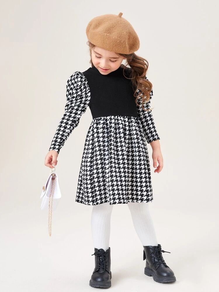 SHEIN Toddler Girls Houndstooth Gigot Sleeve Mock Neck Dress | SHEIN