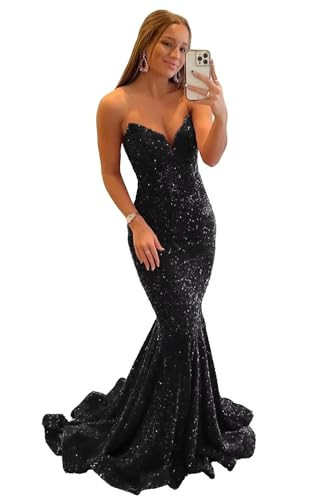 Basgute Sparkly Sequin Mermaid Prom Dresses for Teens Long Strapless Black Bodycon V Neck Backles... | Amazon (US)