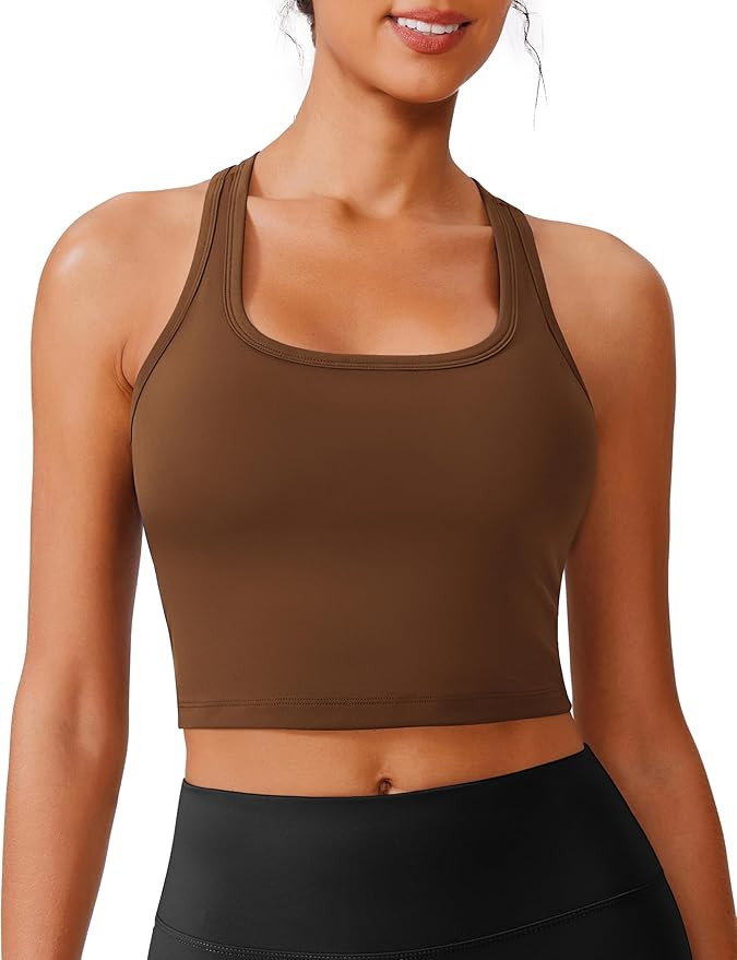 PINSPARK Racerback Crop Tank Tops for Women Longline Padded Sports Bra Scoop Neck Workout Yoga To... | Amazon (US)