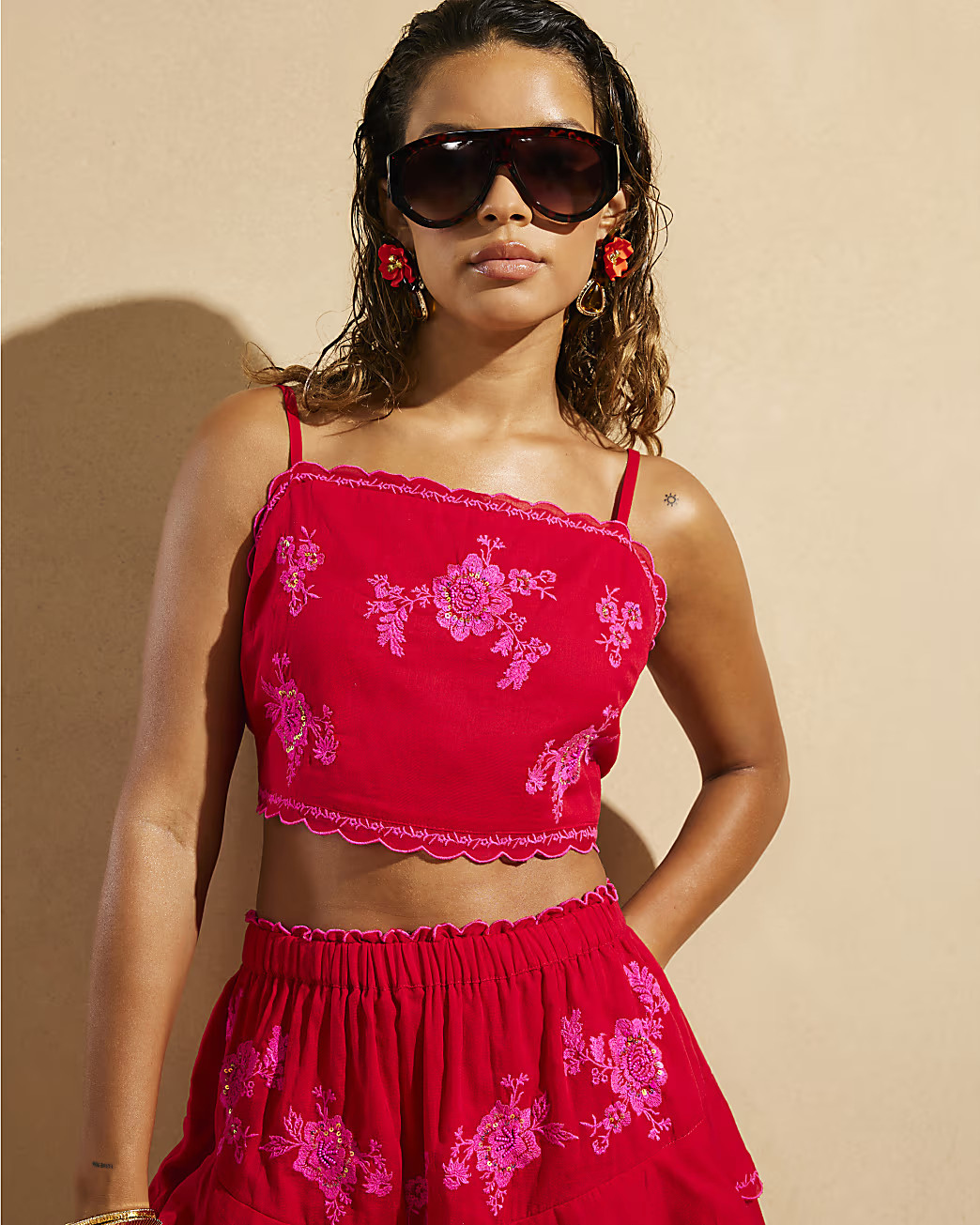 Red Del Maar Floral Embroidered Cami Top | River Island UK & IE
