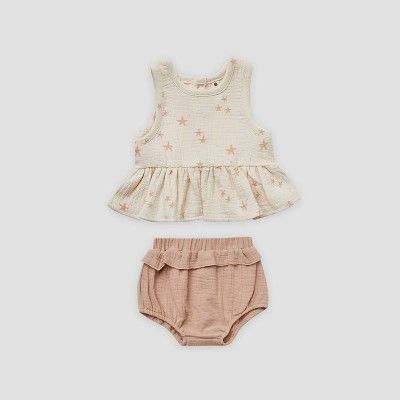 Q by Quincy Mae Baby Girls' 2pc Starfish Peplum Gauze Top & Bubble Shorts Set - Ivory | Target