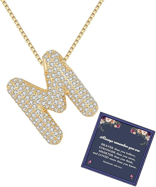 Bubble Letter Necklace Gold for Women，Charm Balloon Initial Letter Pendant Zirconia Inlaid Neck... | Amazon (US)