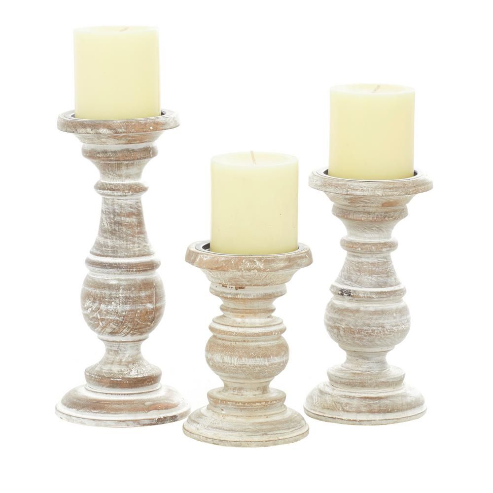 LITTON LANE White Mango Wood Traditional Candle Holder (Set of 3), Distressed White | The Home Depot