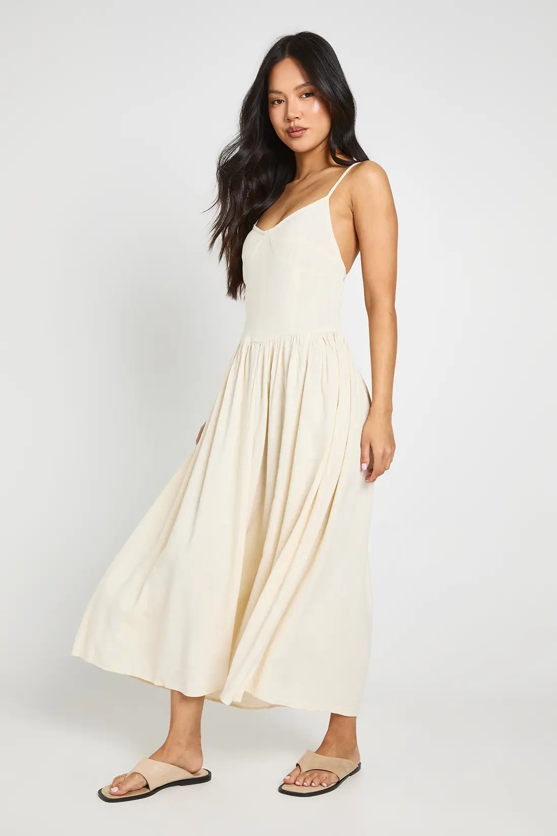 Natural Petite Premium Linen Corset Detail Midi Skater Dress | Boohoo | Boohoo.com (UK & IE)