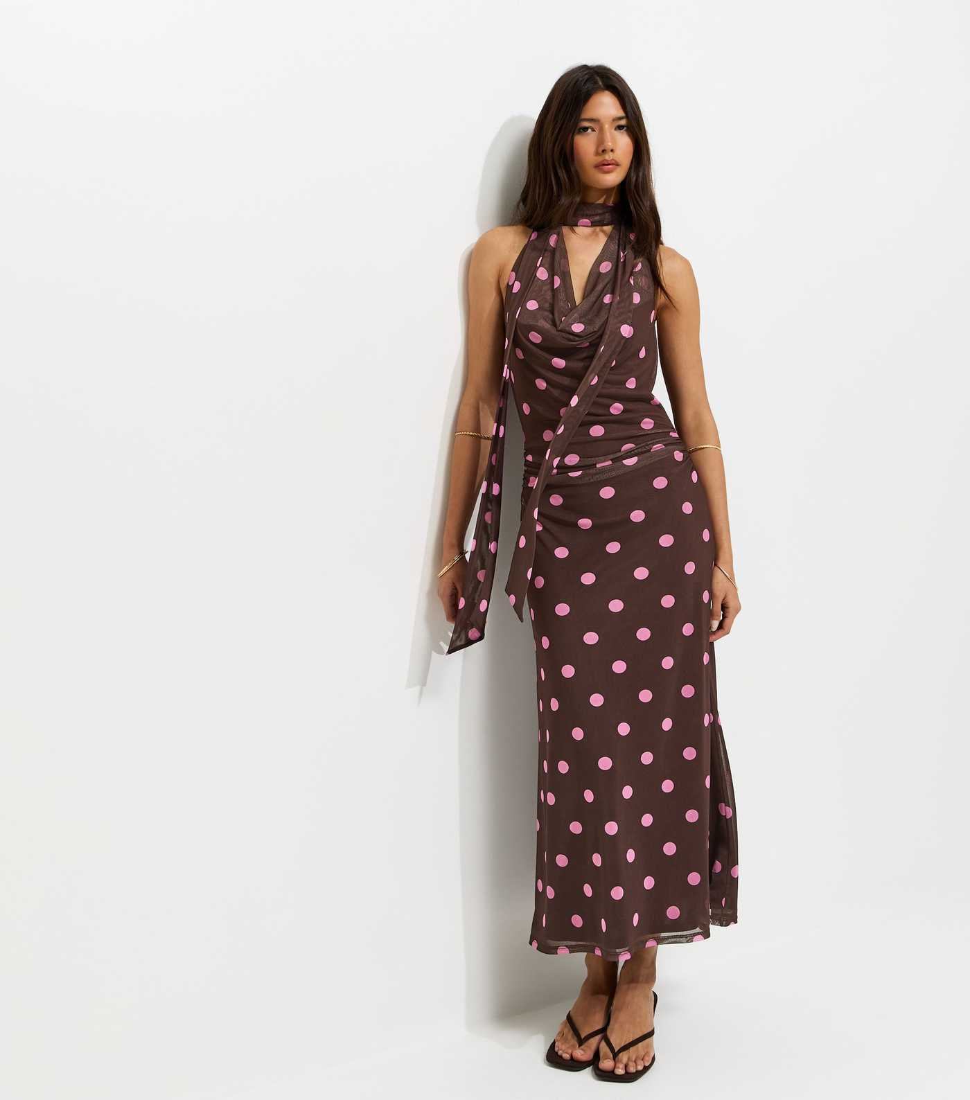 Brown Polka Dot Cowl Neck Scarf Trim Midi Dress | New Look | New Look (UK)