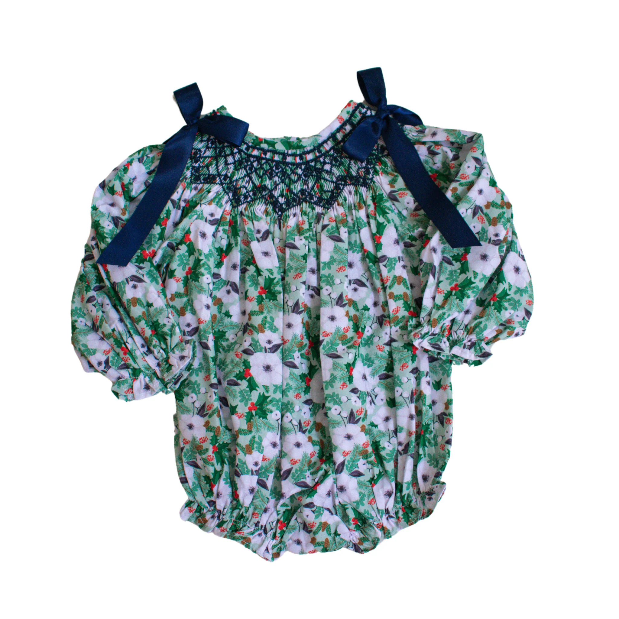 Vivienne Holiday Floral Smocked Bubble | Lillie & Lilah