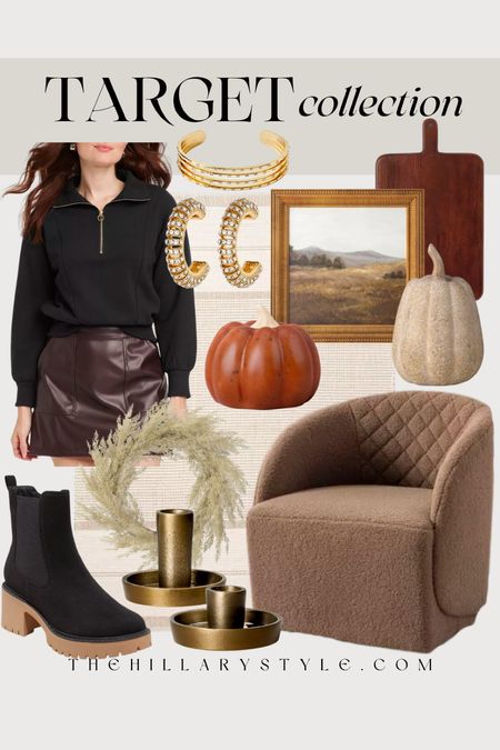 Target Collection: Fall Vibes i. Fashion and home decor from Target: half-zip sweatshirt, leather skirt, black Chelsea boots, gold hoop earrings, gold bracelet stack. Neutral area rug, brown accent chair, Boucle chair, vintage framed art, wood cutting board, ceramic pumpkins, fall wreath, gold candle holders. Fall outfit, fall fashion, fall home decor, fall home refresh.

#LTKstyletip #LTKhome #LTKSeasonal