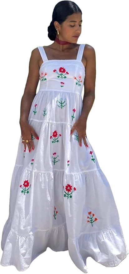 BaronHong Women Bohemian Embroidered Cami Maxi Dress Sleeveless Floral Spaghetti Strap Maxi Dress... | Amazon (US)