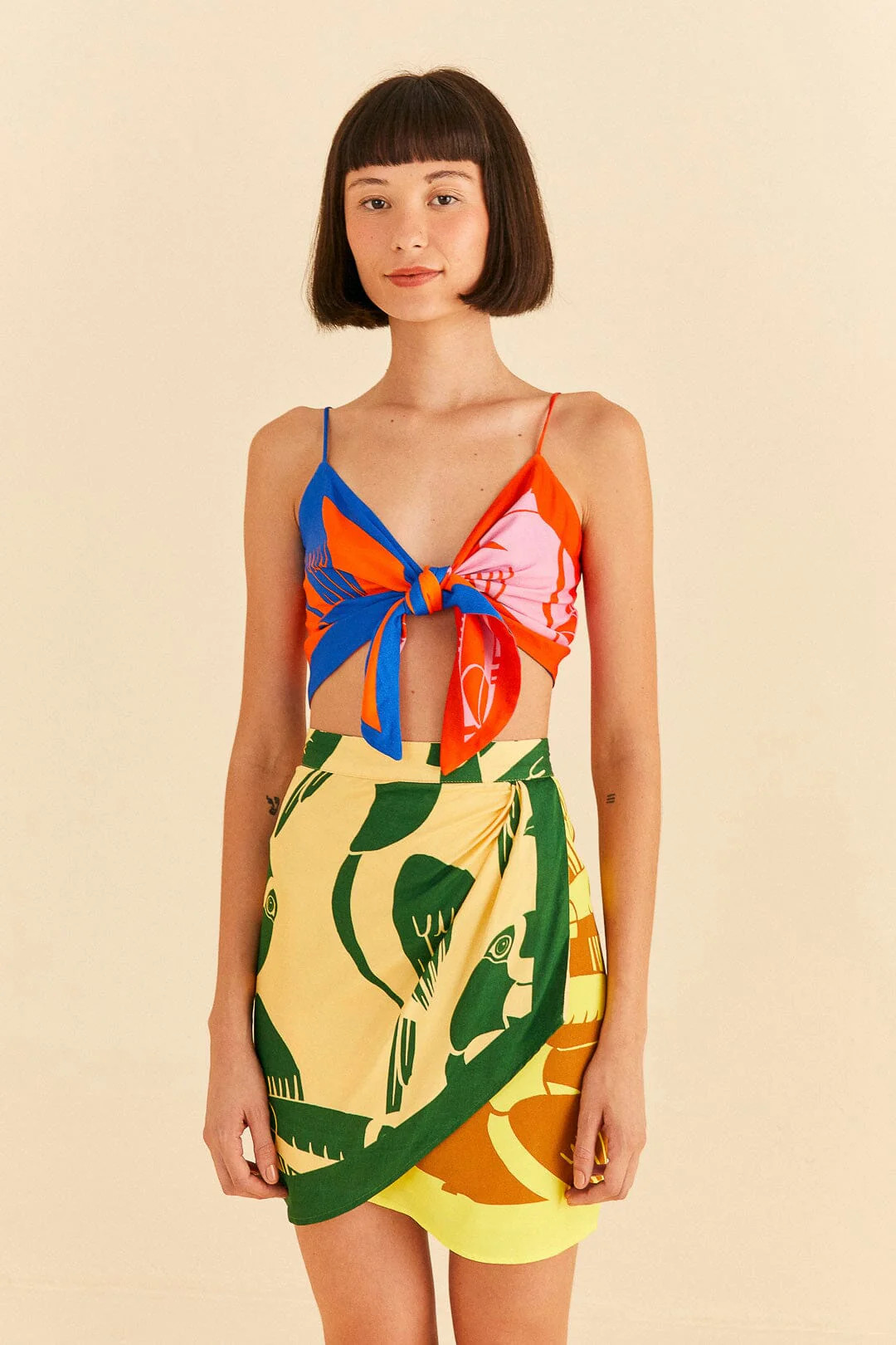 Mixed Rainbow Toucans Lenzing™ Ecovero™ Viscose Mini Skirt | FarmRio (US)