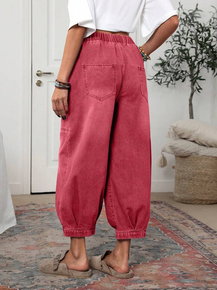 SHEIN LUNE Women's Casual Plain Color Elastic Waist Pocket Jeans, Suitable For Daily Wear | SHEIN