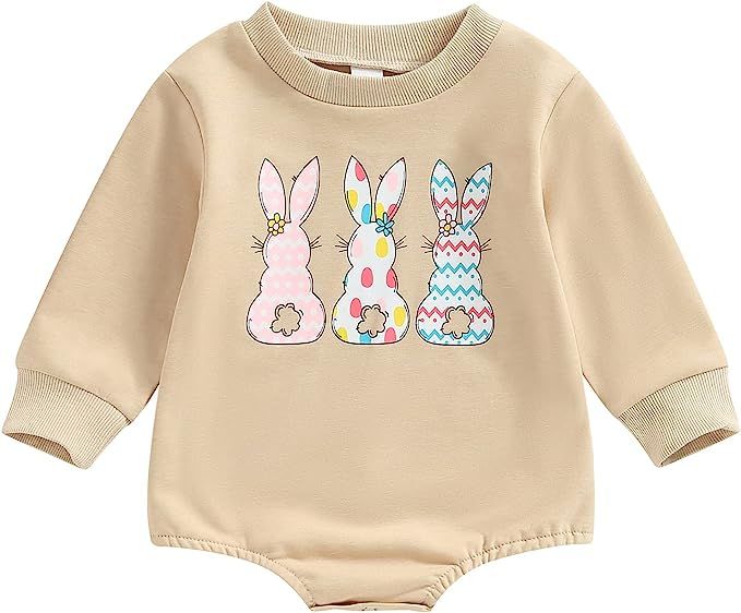 Easter Baby Boy Girl Outfit Sweatshirt Bunny Bubble Romper Oversized Crewneck Sweater Onesie Long... | Amazon (US)