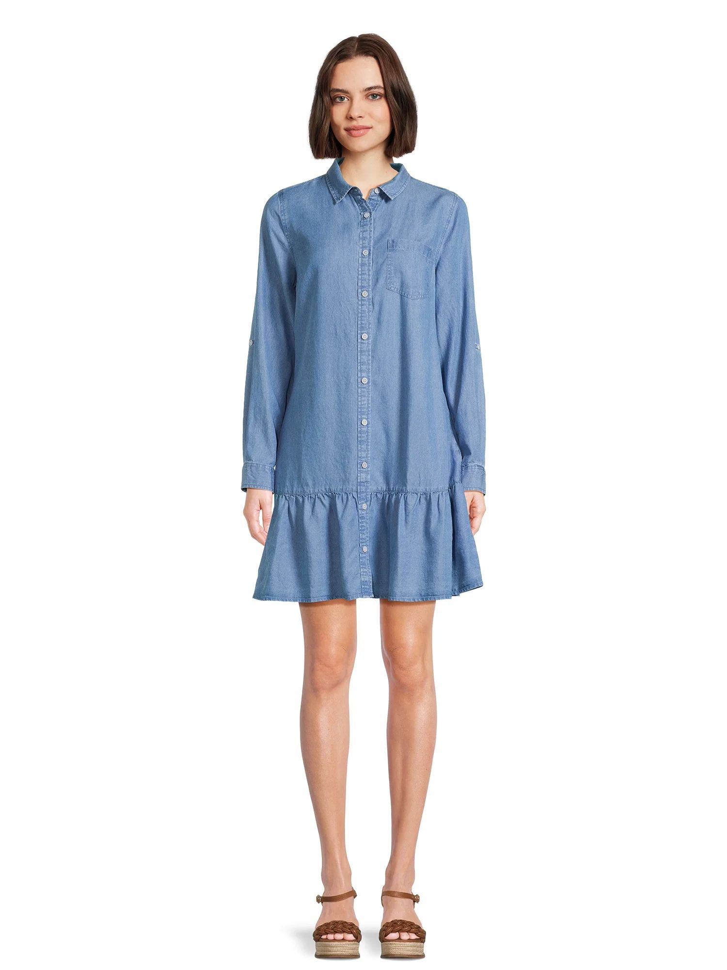 Time and Tru Women's Mini Shirt Dress with Long Sleeves | Walmart (US)