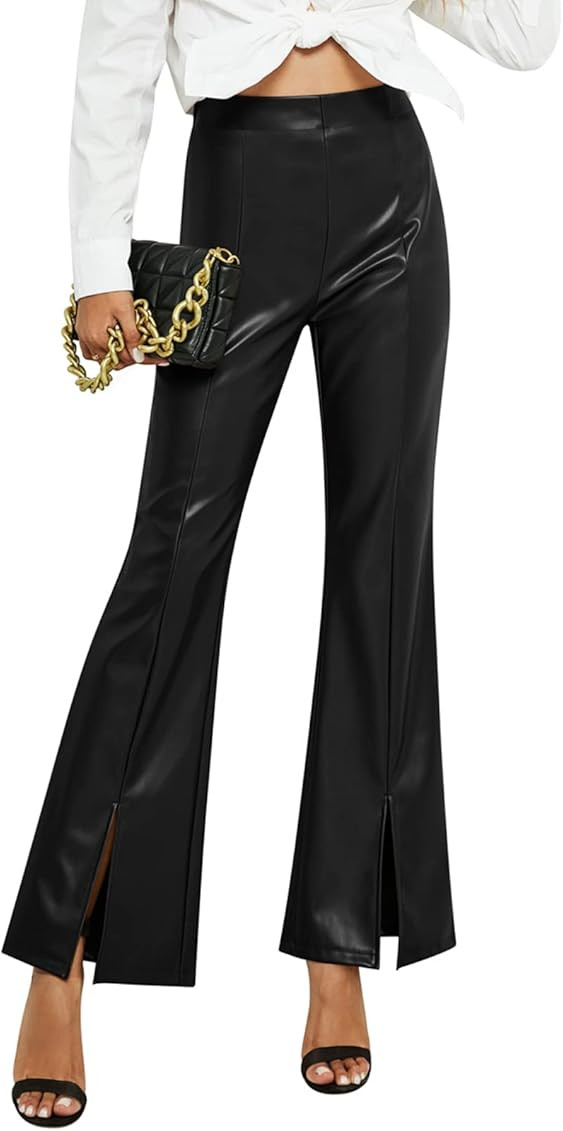 Yousify Women's Elastic High Waisted Faux Leather Pants Front Split Flare Leg Trouser Side Zip Bell  | Amazon (US)