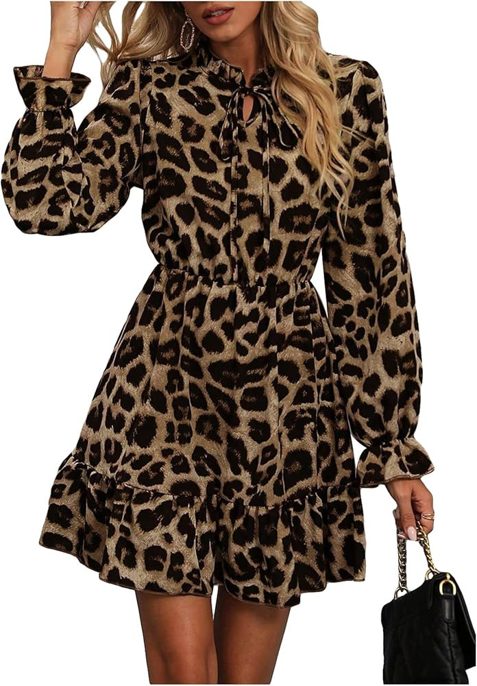 Floerns Women's Leopard Print Tie Neck Party Dress Layered Long Sleeve A Line Dresses | Amazon (US)