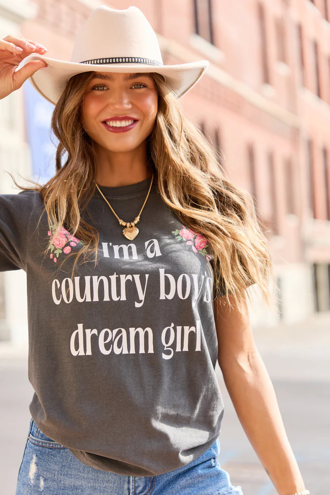 Country Boy's Dream Girl Dark Grey Graphic Tee | Pink Lily
