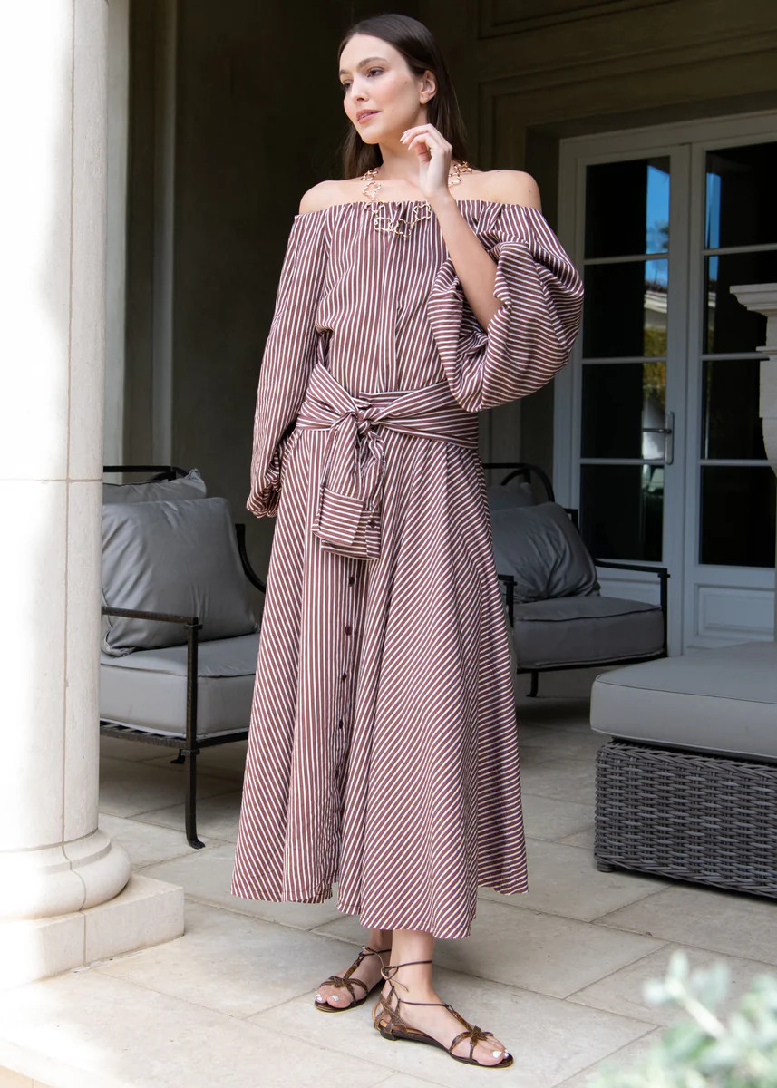 Candace Brown and White Stripe Wrap Waist Maxi Skirt | Benaar La