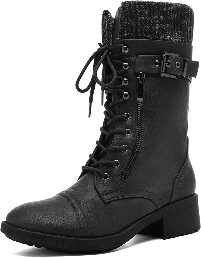 DREAM PAIRS Women's Winter Lace up Mid Calf Combat Riding Military Boots | Amazon (US)