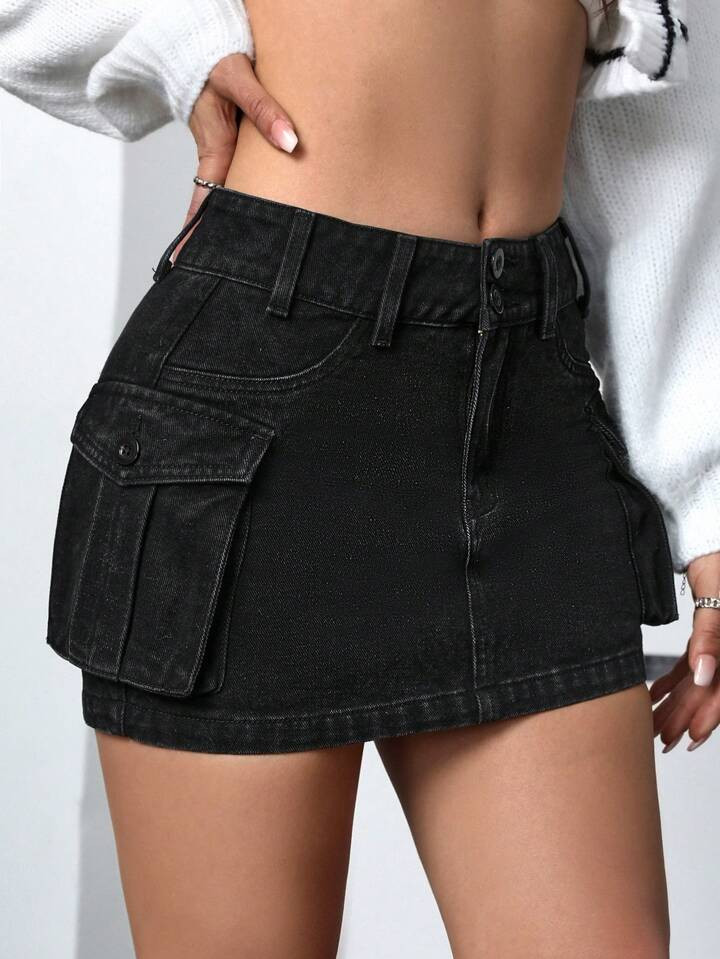 SHEIN PETITE Women'S Cargo Pocket Denim Skirt | SHEIN