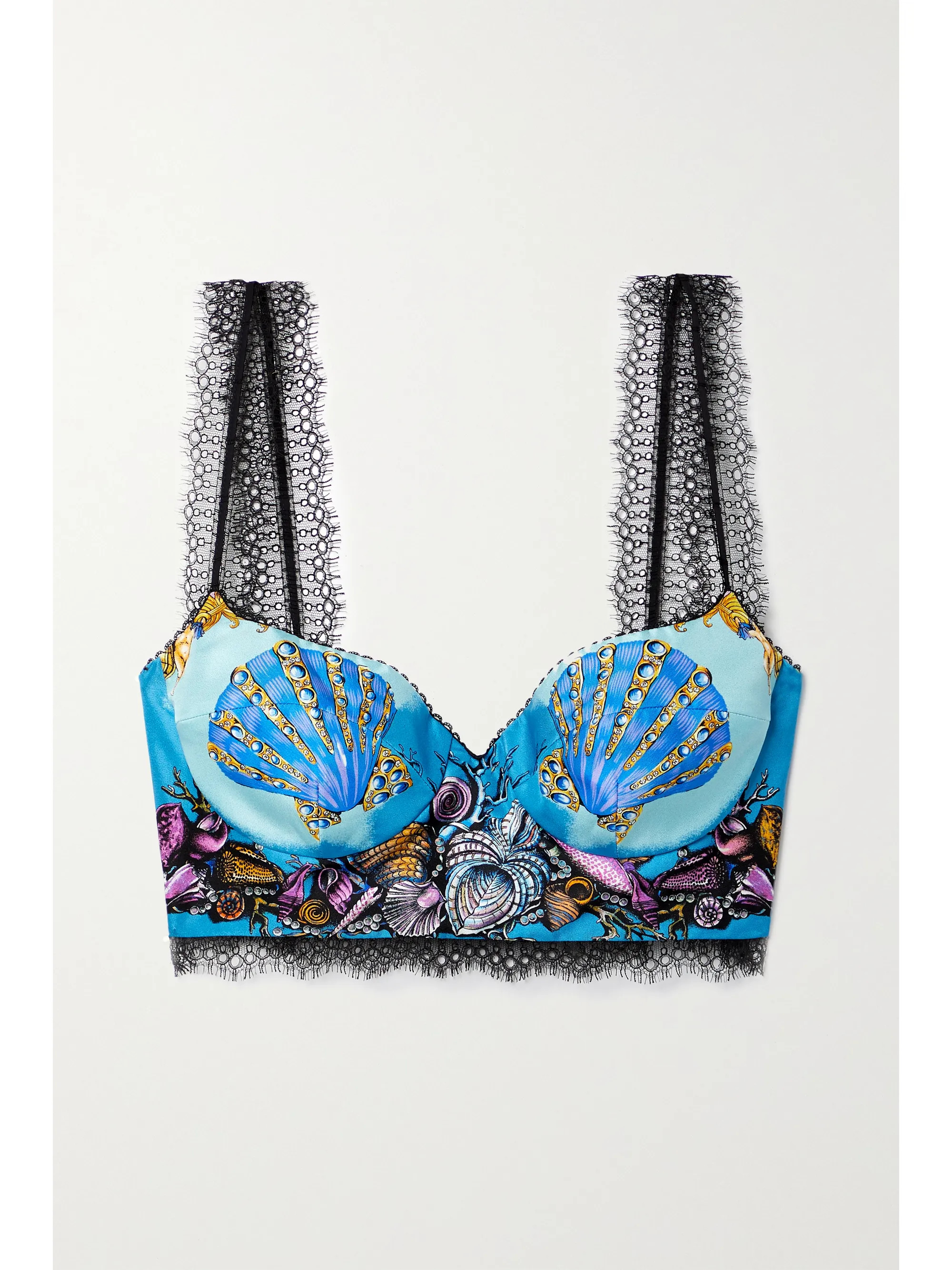 Blue Lace-trimmed printed silk-twill bustier top | Versace | NET-A-PORTER | NET-A-PORTER (US)