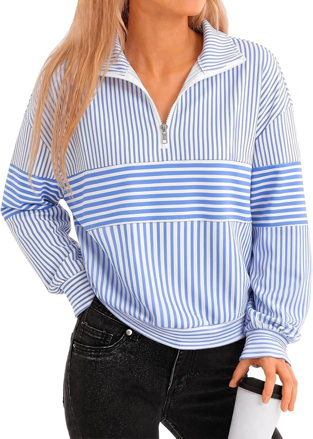 Fisoew Womens Quarter Zip Color Block Sweatshirt Long Sleeve Striped Half Zip Pullover Casual Ove... | Amazon (US)