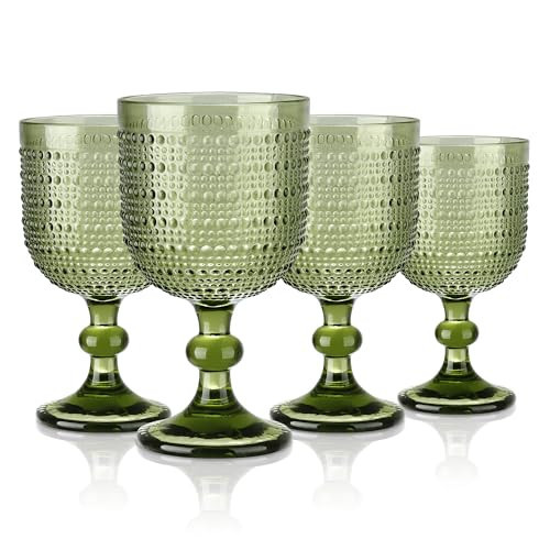 Joeyan Green Vintage Wine Goblet Glasses,Embossed Colored Stemmed Glass Cups,Hobnail Stemware Drinking Glasses,Romantic Beaded Glassware for Water Juice Cocktail,12 oz,Set of 4,Dishwasher Safe | Amazon (CA)