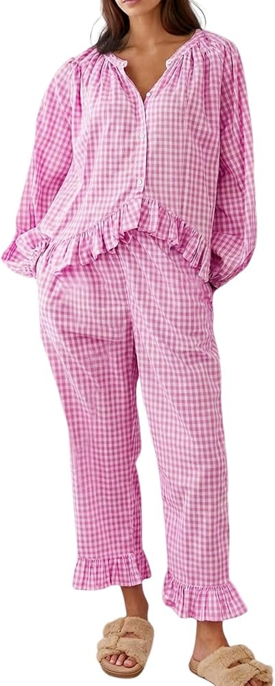 Gihuo Womens Gingham Pajama Sets Plaid Cotton Pjs Ruffle Babydoll Shirt and Pants 2 Piece Lounge ... | Amazon (US)