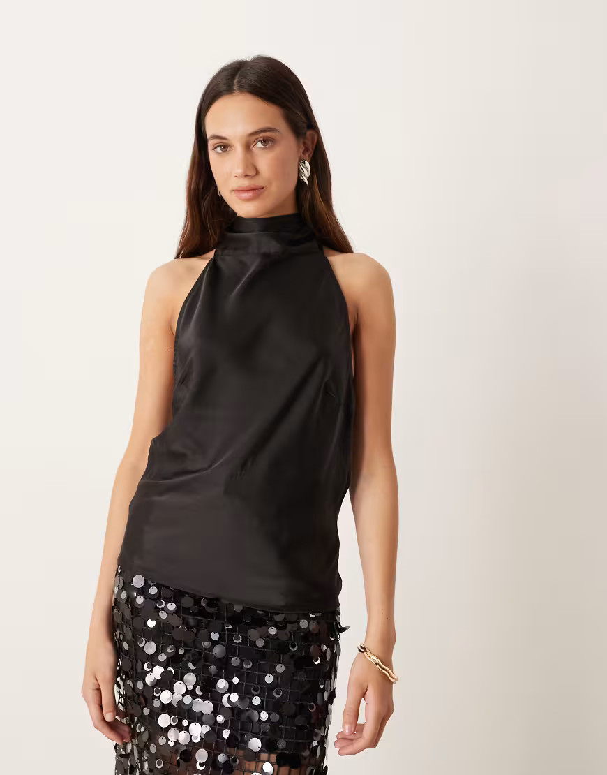 Gina Tricot satin halterneck blouse top in black | ASOS (Global)
