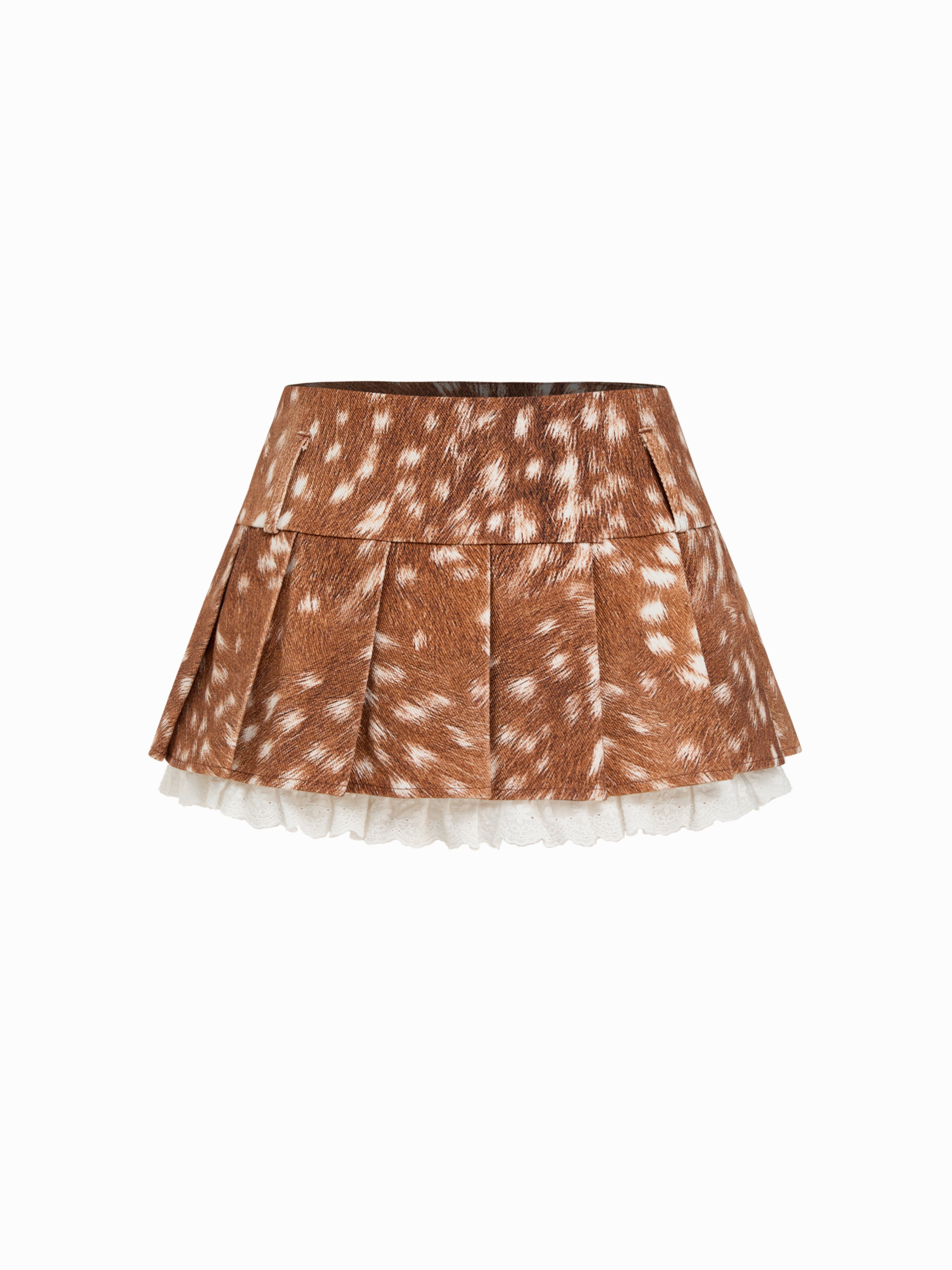Woven Cotton Low Rise Deer Print Pleated Broderie Anglaise Mini Skirt For Daily Casual | Cider