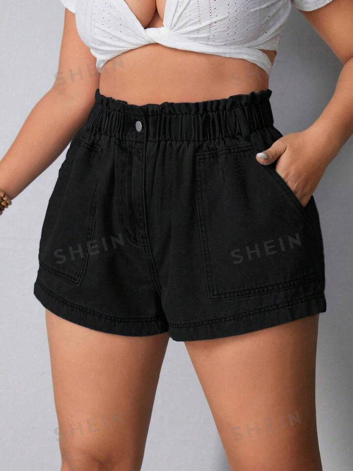 SHEIN VCAY Plus Size Elastic Waist Slanted Pocket Cuffed Denim Shorts | SHEIN