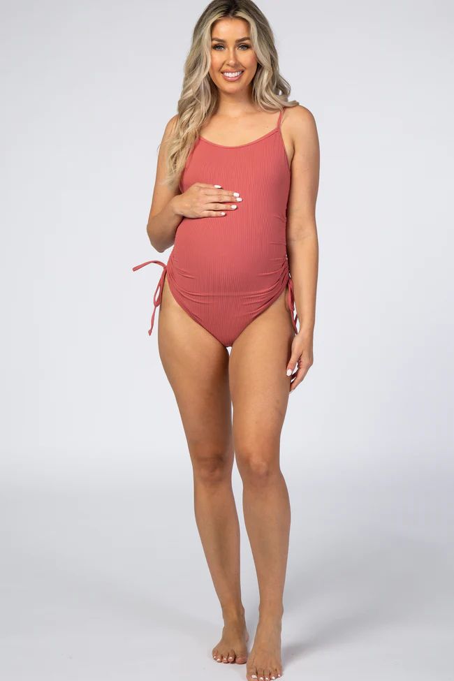 Mauve Ribbed Side Tie One-Piece Maternity Swimsuit | PinkBlush Maternity