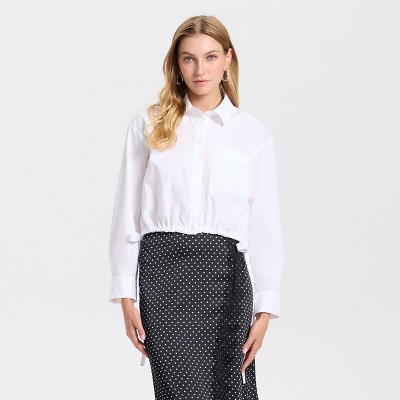 Women's Long Sleeve Tie-Hem Cropped Button-Down Shirt - A New Day™ White XXL | Target