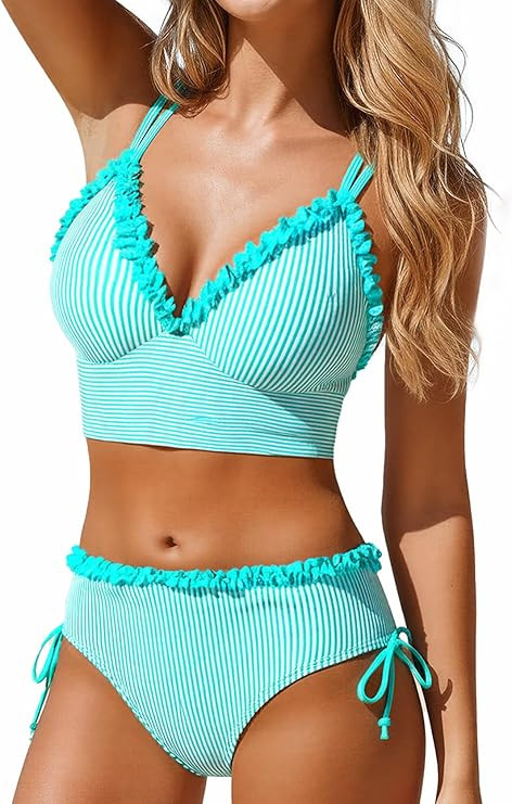 ROSEWE Womens Push Up Bikini Sets, V-Neck Top with Mid-Waisted Briefs, Two Piece Frill Swimsuits | Amazon (US)