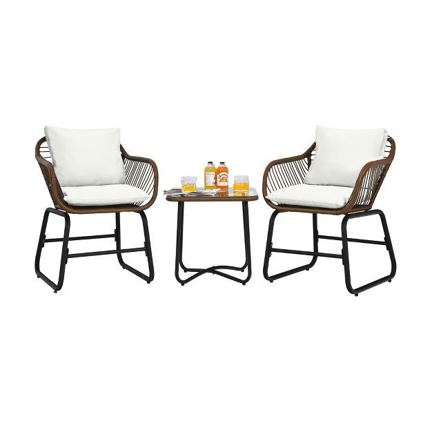 Costway 3PCS Patio Rattan Bistro Set Cushioned Chair Glass Table Deck White\Turquoise | Target