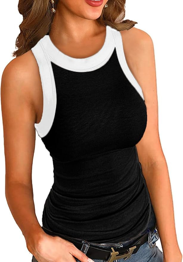 Women Summer Stretch Slim Round Neck Ribbed Tank Basic Solid Top | Amazon (US)