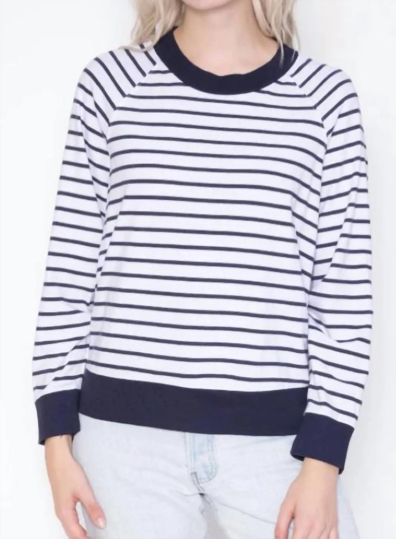 Long Sleeve Navy Ringer Sweatshirt Tee In Navy Stripe | Shop Simon