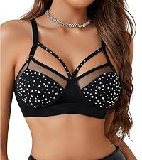 RoseSeek Women's Rhinestone Sheer Mesh Bras Cut Out Glitter Wireless Bralettes Every Day Bra | Amazon (US)