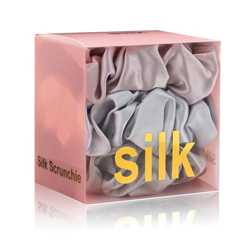 Silk Scrunchies for Hair 100% Mulberry Silk Hair Ties（Silver gray, Dark gray, Pink） | Amazon (US)