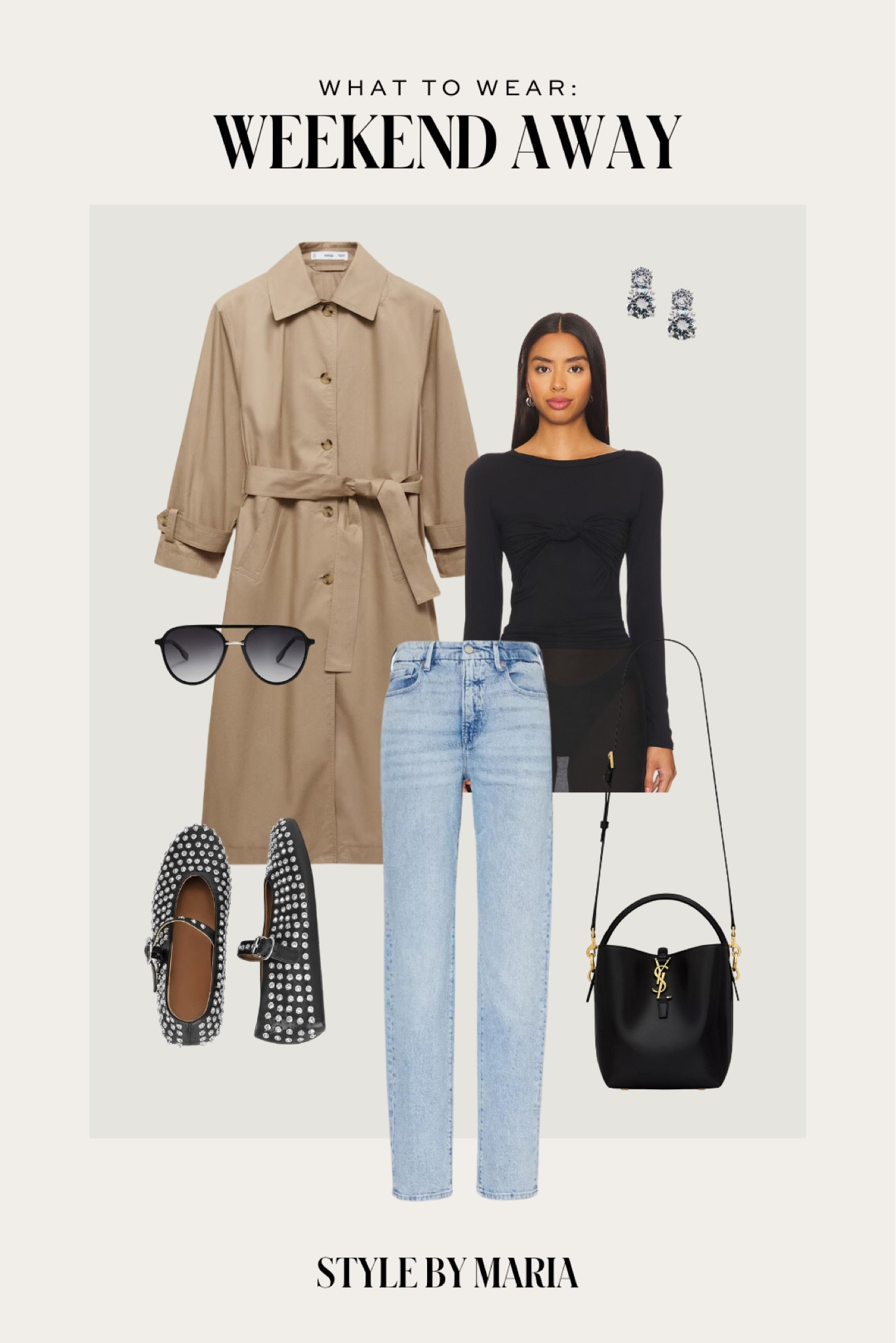Fall outfit ideas
Mango trench coat on sale
Revolve black top
Good American jeans
Amazon embellished ballet flats
Saint Laurent bucket bag
Amazon sunglasses 

#LTKShoeCrush #LTKSeasonal #LTKSaleAlert