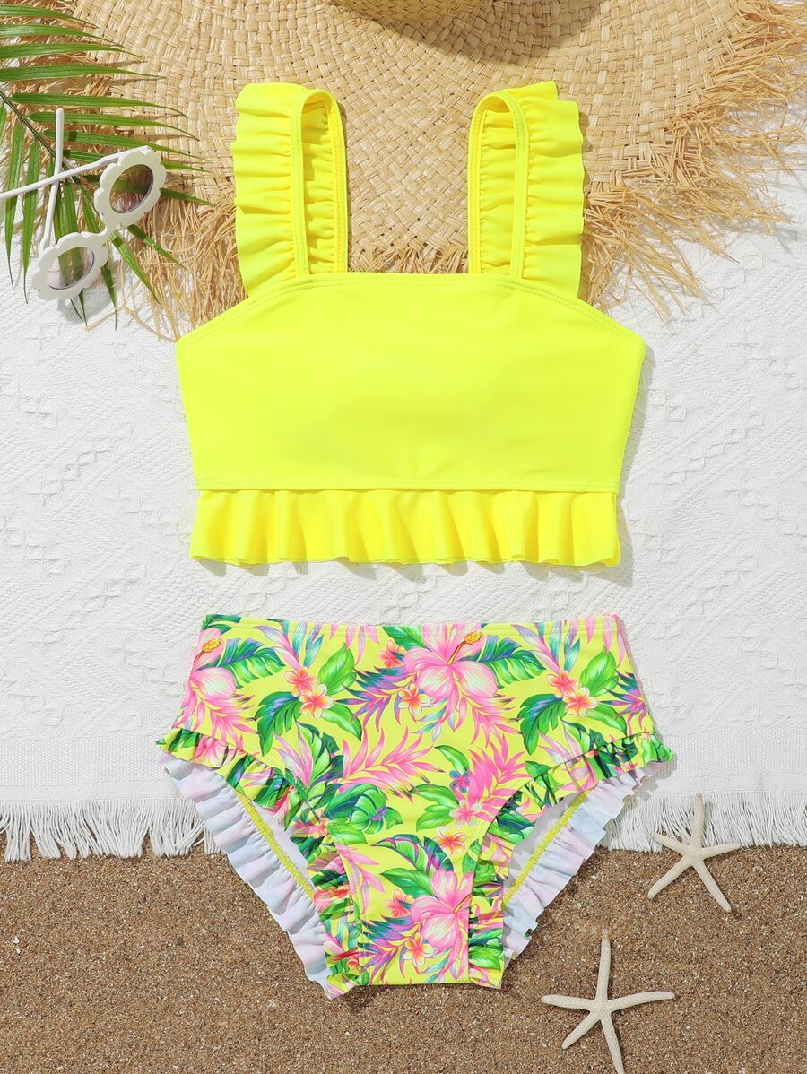 SHEIN Tween Girl Tropical Print Ruffle Trim Bikini Set Summer Beach Summer Holiday | SHEIN