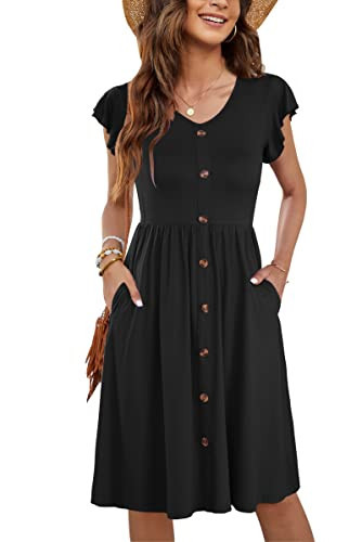 WNEEDU Women Summer Dresses Sleeveless Casual Loose Swing Button Down Midi Dress with Pockets(Black,M) | Amazon (US)