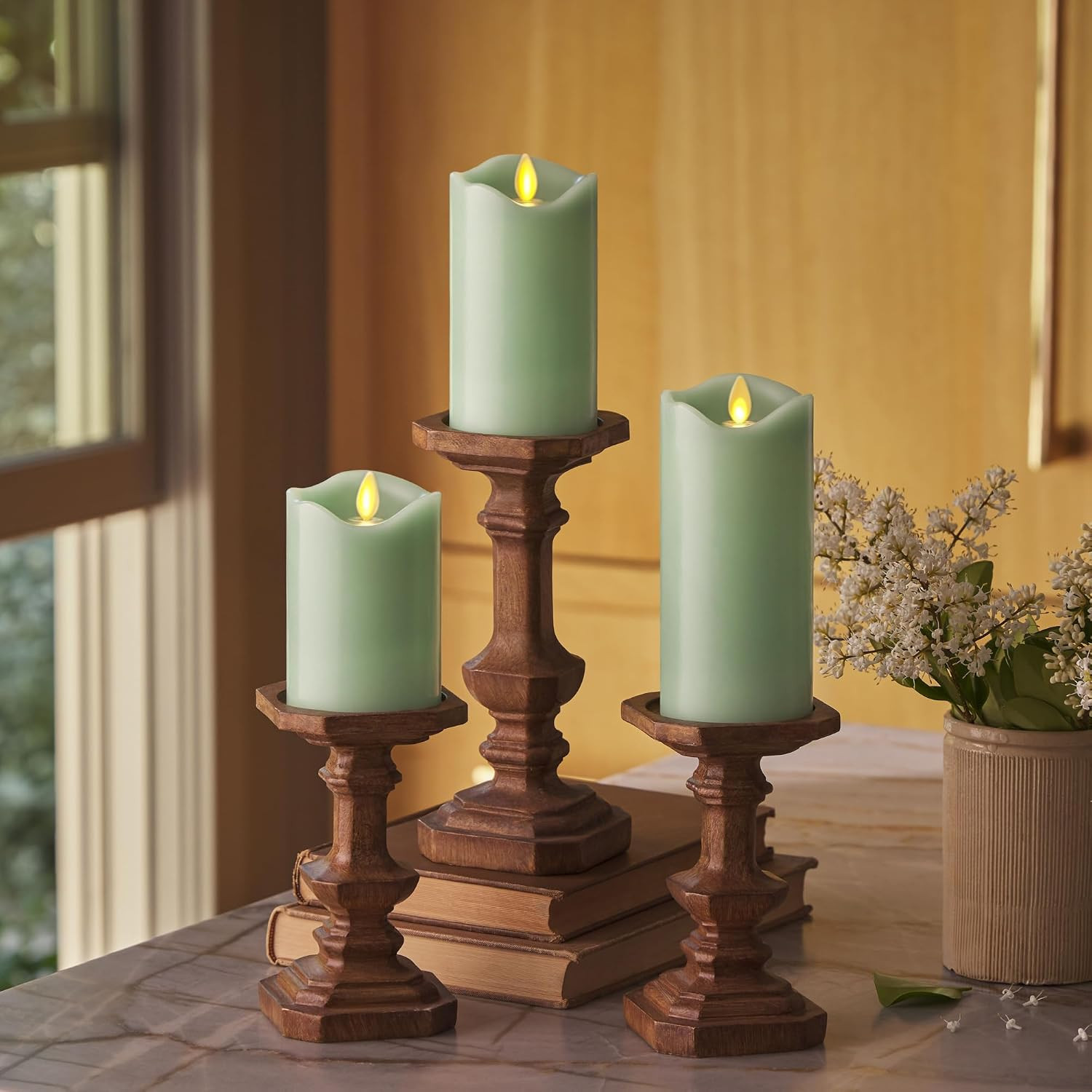 Co. Set of 3 (3" x 4.5",5.5",6.5") Flameless LED Flickering Battery Candle Moving Flame Pillar, Melted Edge, Real Wax Smooth Finish (Pastel Green) | Amazon (US)
