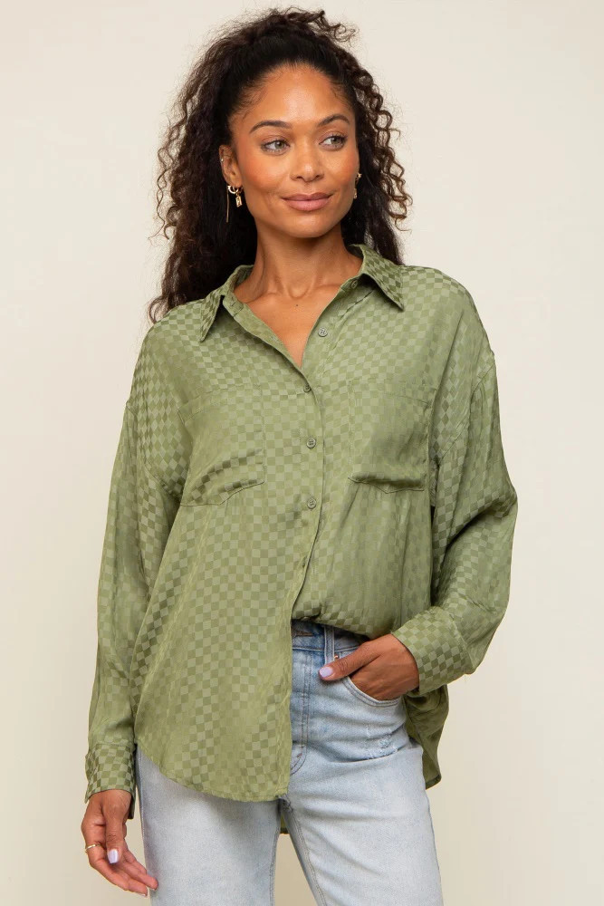 Olive Satin Checkered Button-Down Long Sleeve Top | PinkBlush Maternity