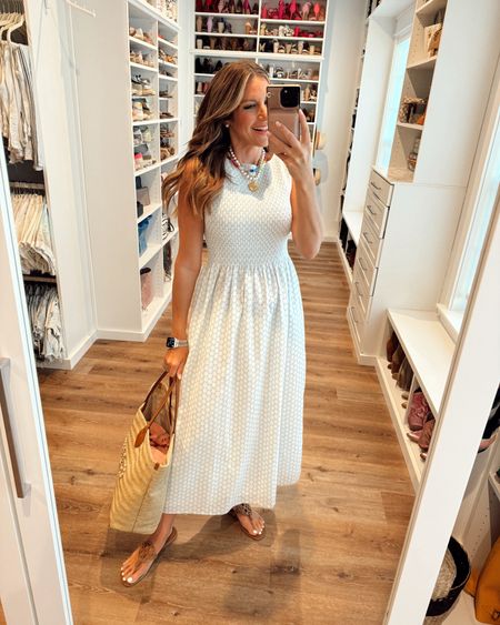 In a small smocked top maxi from Shopbop, necklaces, sandals, tote and accessories for spring outfit - all fits TTS.

#LTKFindsUnder100 #LTKSeasonal #LTKStyleTip