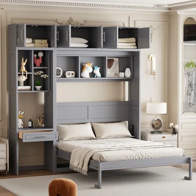 Queen Size Wall Murphy Bed with Desk, Top Cabinet and Storage Shelves, - 93.2 inch x 86.9 inch x 101.2 inch - MDFLVL - Murphy Bed - Gray - with Shelve | Wayfair North America