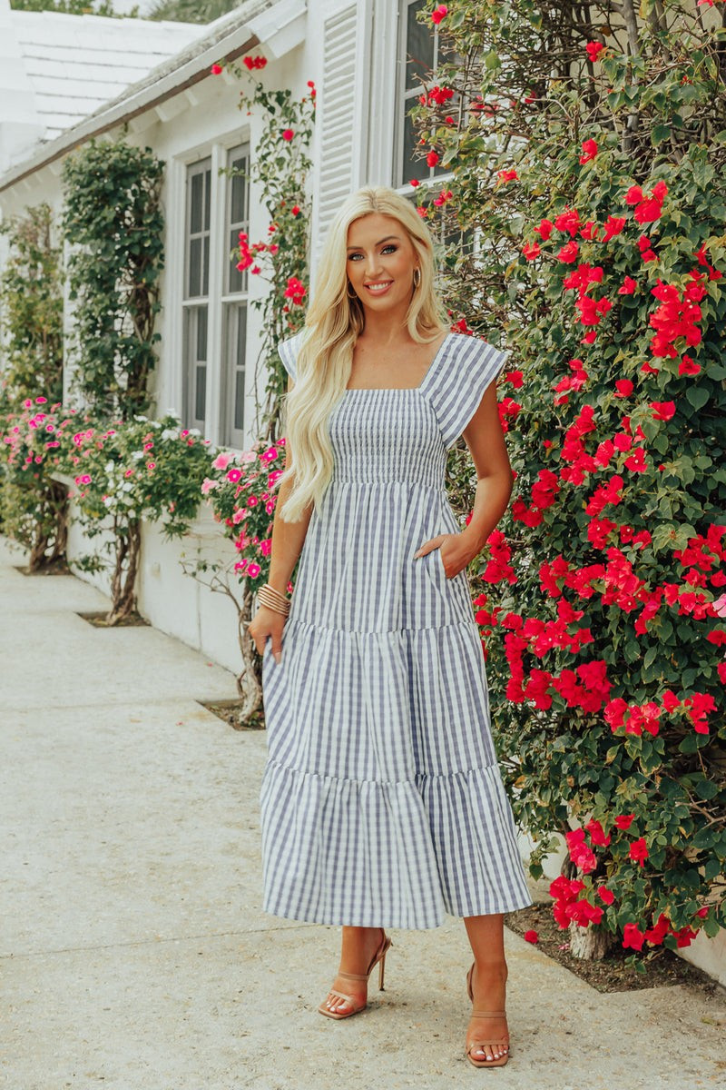 BuddyLove | Brynn Ruffle Shoulder Midi Dress | Blue Checker | BuddyLove