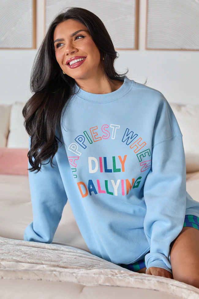 Happiest When Dilly Dallying Multi Light Blue Graphic Sweatshirt | Pink Lily